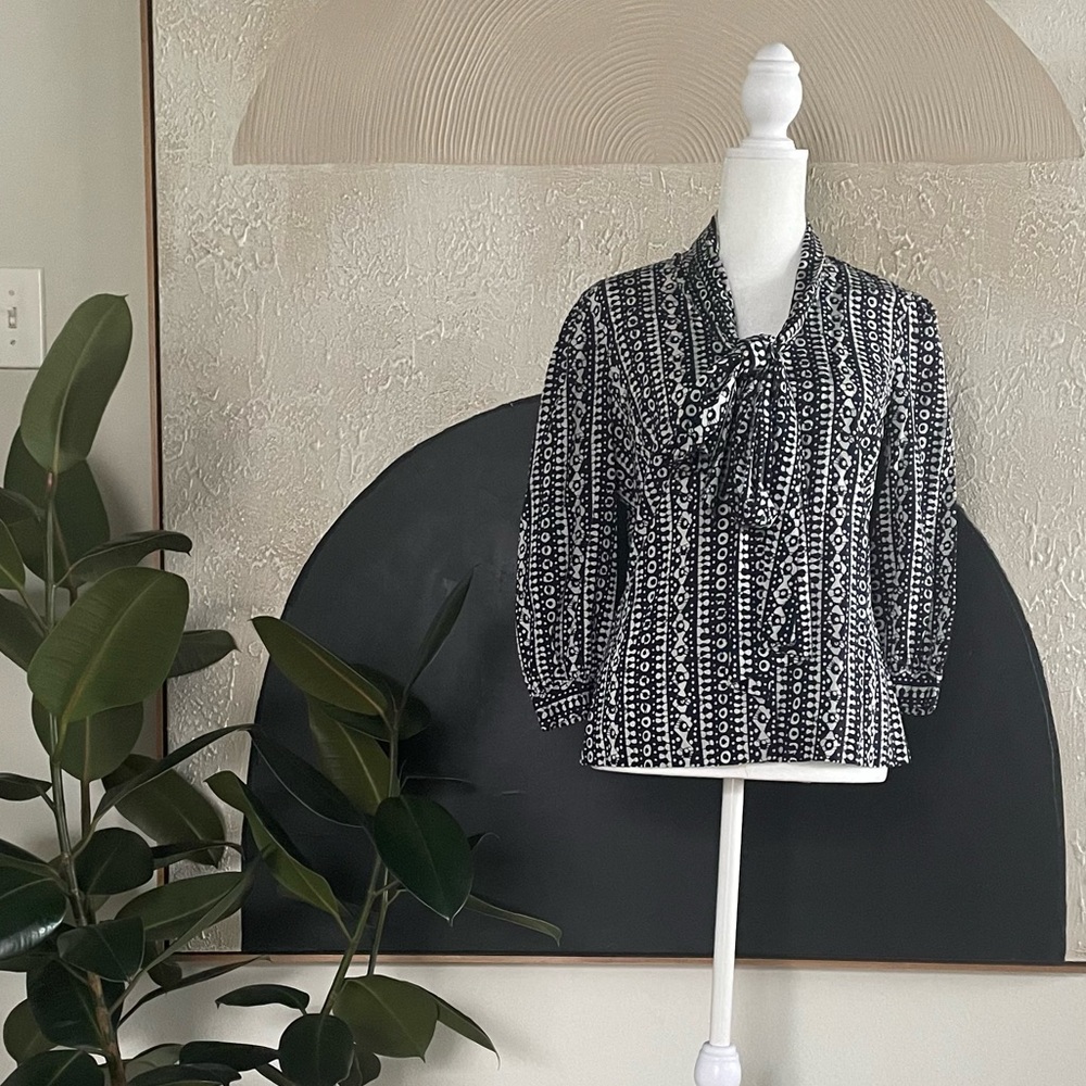 Tory Burch navy patterned bow tie blouse